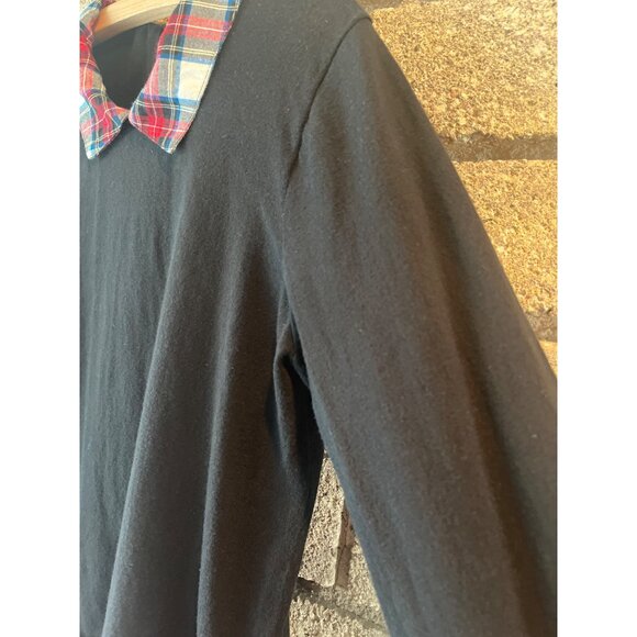 J.Crew Womens Black Sweater With Red/Blue Plaid Collar & Hem Size M 100% Cotton - Picture 7 of 9